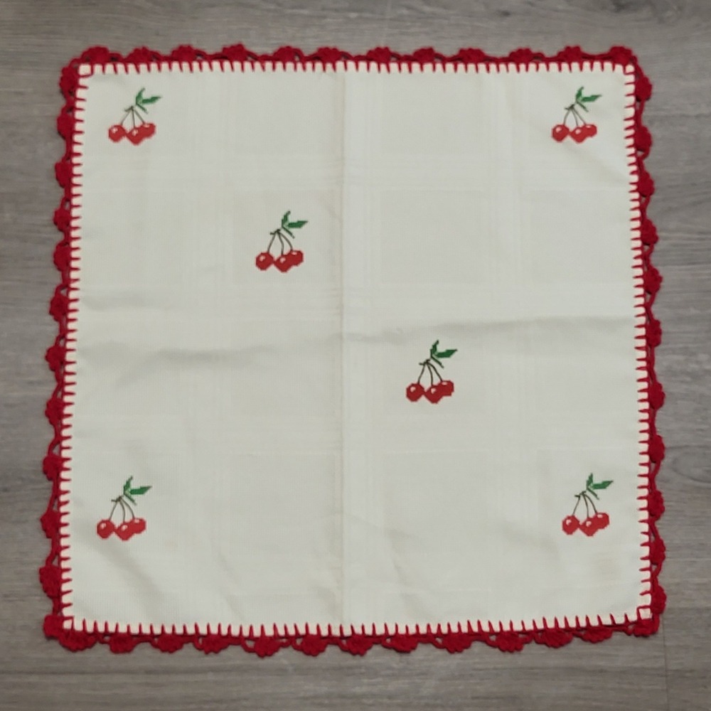 Handmade VNTG Embroidered Cherry Napkin Tea Towel Valentine's Red Crochet Fruit